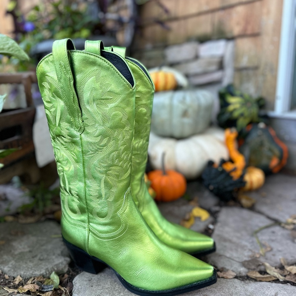 NWOT Free People Jeffery Campbell Leather “Dagget” Cowboy Metallic Green Boot